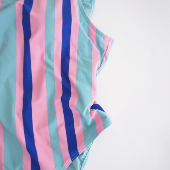 ENVYA Swimwear Pink Teal Stripe One Piece High-Leg Low Scoop Back Swimsuit M - Picture 5 of 12